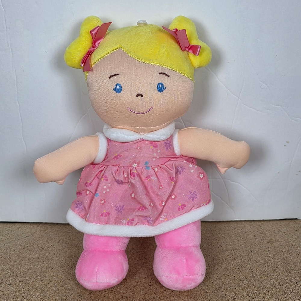 Linzy Toys Plush Rag Doll Blonde Pigtails Pink Floral Dress 11 Inch Soft Toy